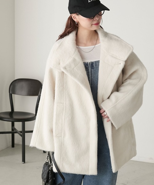 BONLECILL（ボンルシール）の「シャギースタンドカラーコクーンミドルコート（ステンカラーコート・レディース・ブラウン/アイボリー/チャコールグレー・FREE）」の13枚目の写真