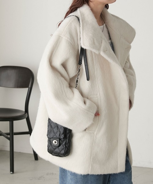 BONLECILL（ボンルシール）の「シャギースタンドカラーコクーンミドルコート（ステンカラーコート・レディース・ブラウン/アイボリー/チャコールグレー・FREE）」の14枚目の写真