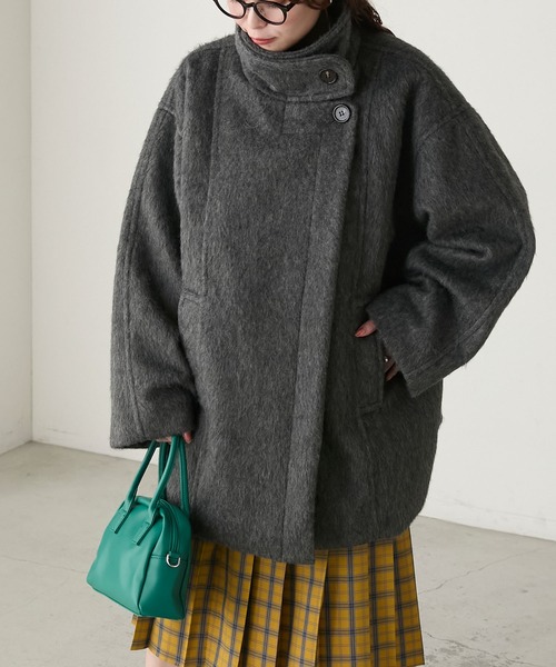 BONLECILL（ボンルシール）の「シャギースタンドカラーコクーンミドルコート（ステンカラーコート・レディース・ブラウン/アイボリー/チャコールグレー・FREE）」の17枚目の写真