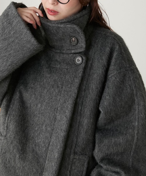 BONLECILL（ボンルシール）の「シャギースタンドカラーコクーンミドルコート（ステンカラーコート・レディース・ブラウン/アイボリー/チャコールグレー・FREE）」の20枚目の写真