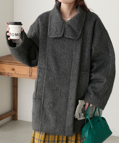 シャギースタンドカラーコクーンミドルコート（ステンカラーコート