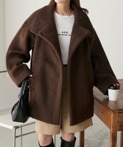 シャギースタンドカラーコクーンミドルコート（ステンカラーコート