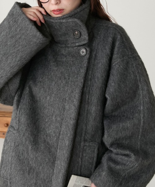 シャギースタンドカラーコクーンミドルコート（ステンカラーコート