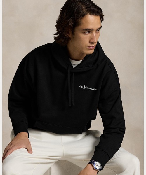 ポロラルフローレン　パーカー　フード　黒　白ロゴ リラックスド フィット ロゴ フリース フーディ （パーカー