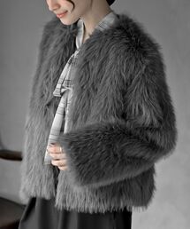 【早い者勝ち】BLUELEA グレー ノーカラーコート ファーポケット付き SHIPS ノーカラーコート コート リバー ファー ポケット