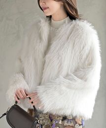 ノーカラージャケット（ホワイト/白色系・フェイクファー