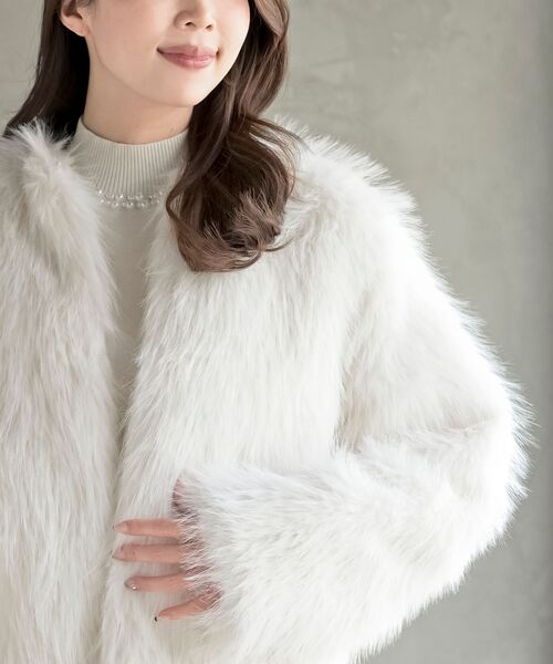 ロングフェイクファーノーカラーショートコート（ノーカラージャケット