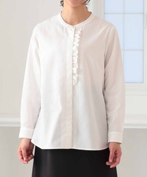 美品 北欧、暮らしの道具店 袖口フリルのバンドカラーブラウス S 大人にひとさじのアクセント」袖口フリルのバンドカラーブラウス