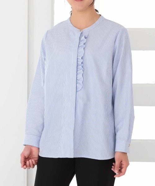 【fleur】【Ｌ〜５Ｌ】バンドカラー フロント フリル シャツ セール】【L～5L 大きいサイズ】バンドカラーフロントフリル