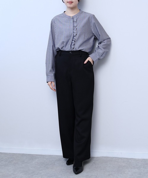 【fleur】【Ｌ〜５Ｌ】バンドカラー フロント フリル シャツ セール】【L～5L 大きいサイズ】バンドカラーフロントフリル