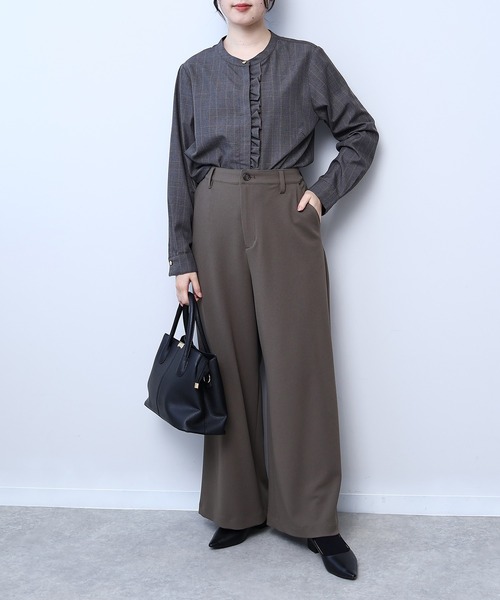 【fleur】【Ｌ〜５Ｌ】バンドカラー フロント フリル シャツ セール】【L～5L 大きいサイズ】バンドカラーフロントフリル
