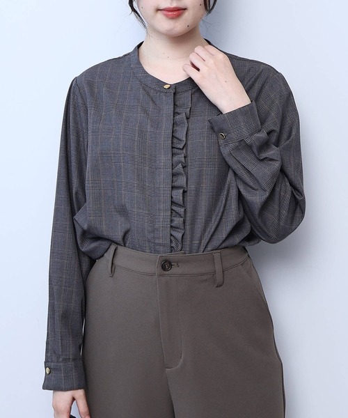 【fleur】【Ｌ〜５Ｌ】バンドカラー フロント フリル シャツ セール】【L～5L 大きいサイズ】バンドカラーフロントフリル