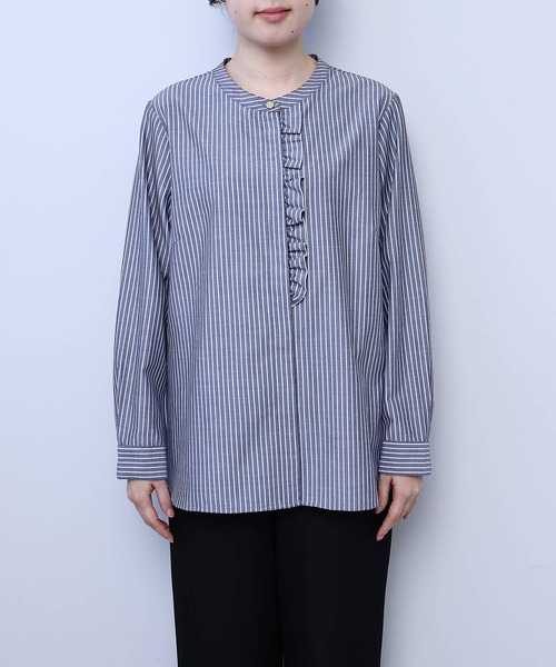 【fleur】【Ｌ〜５Ｌ】バンドカラー フロント フリル シャツ セール】【L～5L 大きいサイズ】バンドカラーフロントフリル