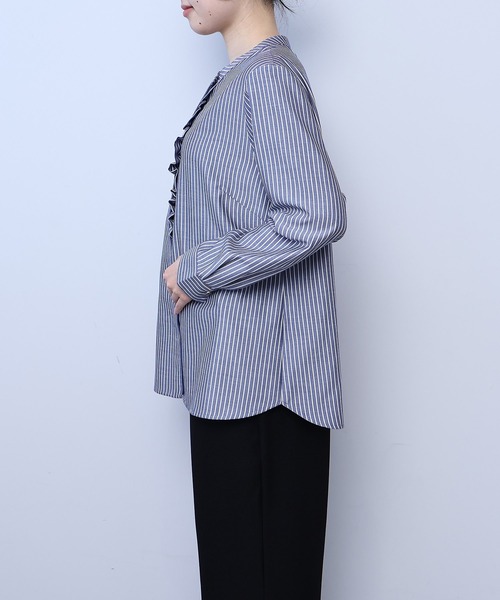 【fleur】【Ｌ〜５Ｌ】バンドカラー フロント フリル シャツ セール】【L～5L 大きいサイズ】バンドカラーフロントフリル