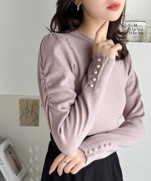 mily bilet（ミウィビレット）の「【mily bilet】大人の上品ベーシック♪袖パール使いパフスリーブニットトップス（ニット/セーター・レディース・アイボリー/ブラック/ピンク・X-LARGE/SMALL/MEDIUM/LARGE）」の3枚目の写真