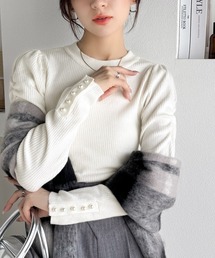 mily bilet（ミウィビレット）の「【mily bilet】大人の上品ベーシック♪袖パール使いパフスリーブニットトップス（ニット/セーター）」