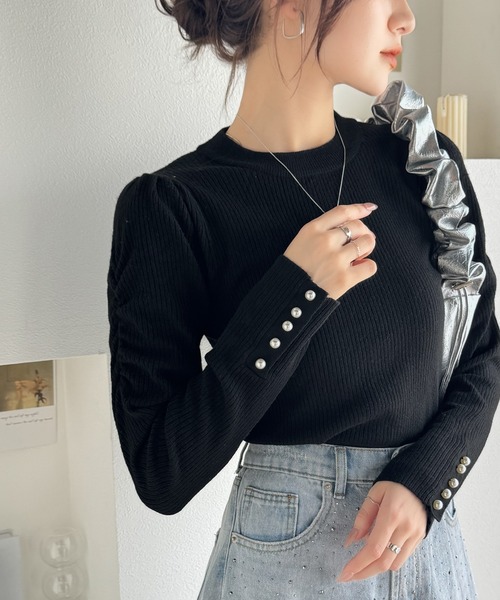 mily bilet（ミウィビレット）の「【mily bilet】大人の上品ベーシック♪袖パール使いパフスリーブニットトップス（ニット/セーター・レディース・アイボリー/ブラック/ピンク・X-LARGE/SMALL/MEDIUM/LARGE）」の2枚目の写真