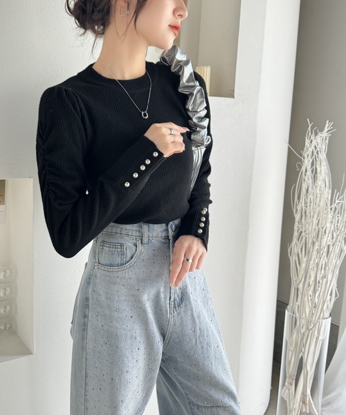 mily bilet（ミウィビレット）の「【mily bilet】大人の上品ベーシック♪袖パール使いパフスリーブニットトップス（ニット/セーター・レディース・アイボリー/ブラック/ピンク・X-LARGE/SMALL/MEDIUM/LARGE）」の10枚目の写真