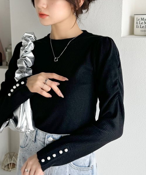 mily bilet（ミウィビレット）の「【mily bilet】大人の上品ベーシック♪袖パール使いパフスリーブニットトップス（ニット/セーター・レディース・アイボリー/ブラック/ピンク・X-LARGE/SMALL/MEDIUM/LARGE）」の9枚目の写真