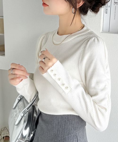 mily bilet（ミウィビレット）の「【mily bilet】大人の上品ベーシック♪袖パール使いパフスリーブニットトップス（ニット/セーター・レディース・アイボリー/ブラック/ピンク・X-LARGE/SMALL/MEDIUM/LARGE）」の6枚目の写真