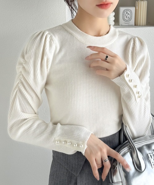 mily bilet（ミウィビレット）の「【mily bilet】大人の上品ベーシック♪袖パール使いパフスリーブニットトップス（ニット/セーター・レディース・アイボリー/ブラック/ピンク・X-LARGE/SMALL/MEDIUM/LARGE）」の8枚目の写真
