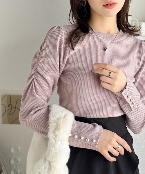 mily bilet（ミウィビレット）の「【mily bilet】大人の上品ベーシック♪袖パール使いパフスリーブニットトップス（ニット/セーター・レディース・アイボリー/ブラック/ピンク・X-LARGE/SMALL/MEDIUM/LARGE）」の4枚目の写真