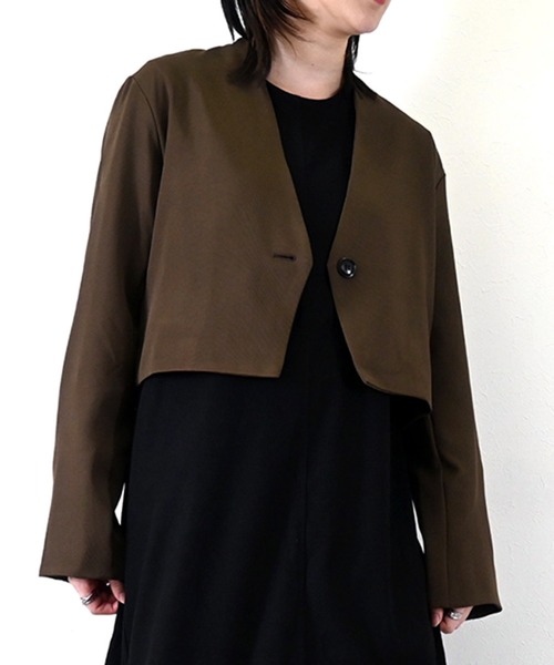 STYLEBLOCK（スタイルブロック）の「ツイルノーカラーショートジャケット（ノーカラージャケット・レディース・チャコールグレー/ブラウン/ブラック・M）」の9枚目の写真