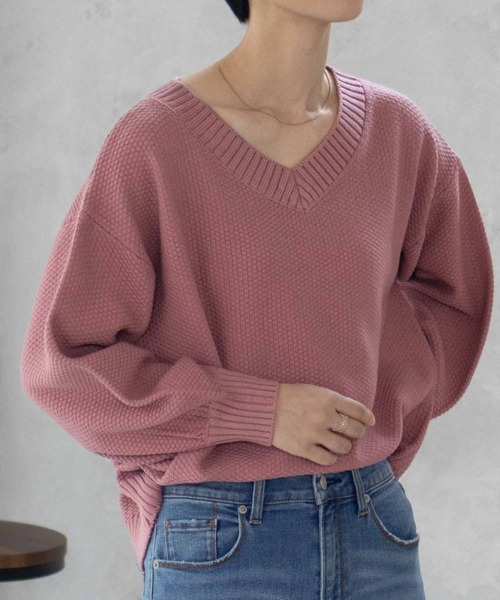 NAVY(ネイビー)の「【nAvy】カノコVネックプルオーバー ニット(ニット/セーター・レディース・ホワイト/ピンク/ブラック/サックスブルー・フリー)」の4枚目の写真