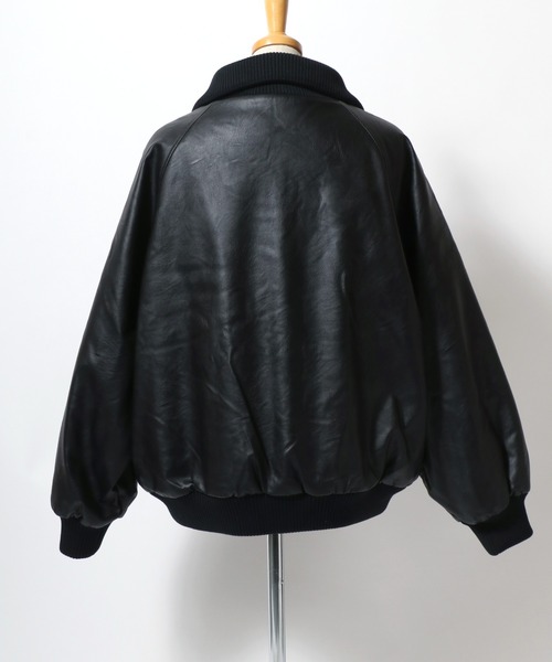 セール】リブハイネック ビッグカラーフェイクレザージャケット/PU合皮