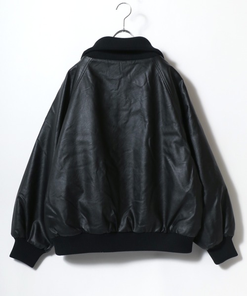 セール】リブハイネック ビッグカラーフェイクレザージャケット/PU合皮