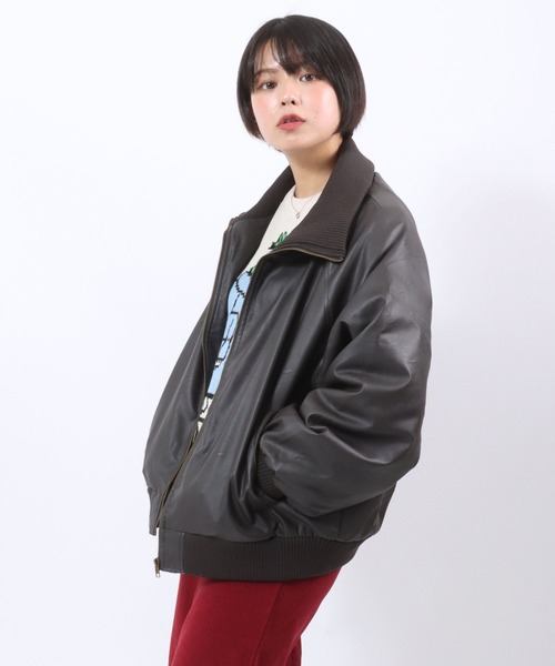 セール】リブハイネック ビッグカラーフェイクレザージャケット/PU合皮