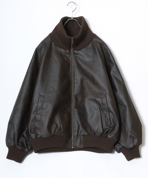 セール】リブハイネック ビッグカラーフェイクレザージャケット/PU合皮