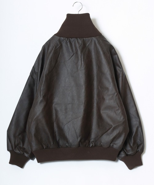 セール】リブハイネック ビッグカラーフェイクレザージャケット/PU合皮