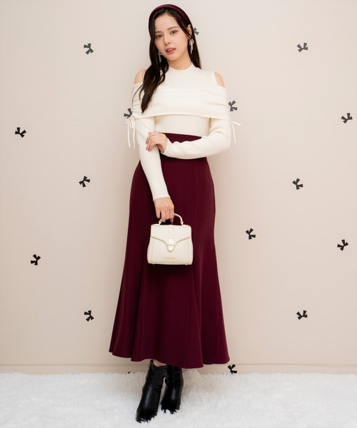 WILLSELECTION(ウィルセレクション)の「ギャザーリボンオフショルニット(ニット/セーター・レディース・ピンク/ブラック/オフホワイト・FREE)」の4枚目の写真