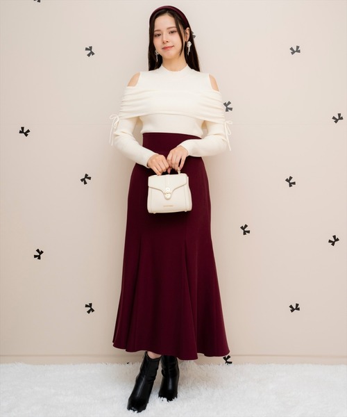 WILLSELECTION(ウィルセレクション)の「ギャザーリボンオフショルニット(ニット/セーター・レディース・ピンク/ブラック/オフホワイト・FREE)」の5枚目の写真