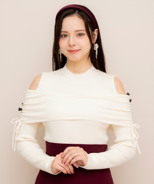 WILLSELECTION(ウィルセレクション)の「ギャザーリボンオフショルニット(ニット/セーター・レディース・ピンク/ブラック/オフホワイト・FREE)」の6枚目の写真