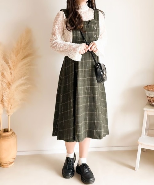 merrylatte（メリーラテ）の「ベルト付きチェック柄ジャンパースカート（ワンピース・レディース・グリーン・MEDIUM/LARGE/SMALL）」の6枚目の写真