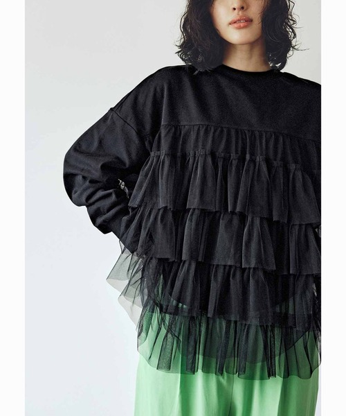 MEDE19F(メデジュウキュウ)の「MEDE19F 贅沢なチュールコンビのカットソートップス(Tシャツ/カットソー・レディース・ブラック・M/L/LL)」の3枚目の写真