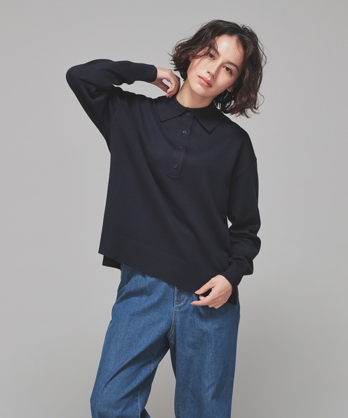 GLACIER lusso(グラシアルッソ)の「【ECOVERO】衿付ニット(ニット/セーター・レディース・ネイビー/ホワイト×グレー/ホワイト×ネイビー/ブラック×ベージュ/グリーン・M/S/L)」の21枚目の写真