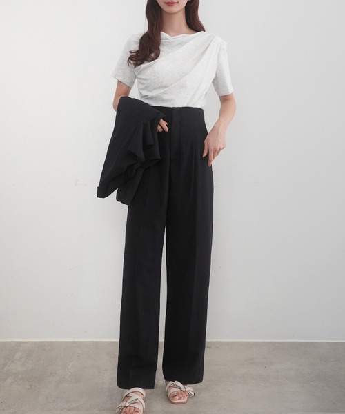 リネン混半袖ジャケット＋ハイウエストパンツset（セットアップ
