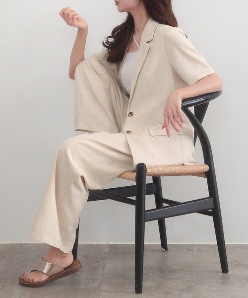 セール】リネン混半袖ジャケット＋ハイウエストパンツset