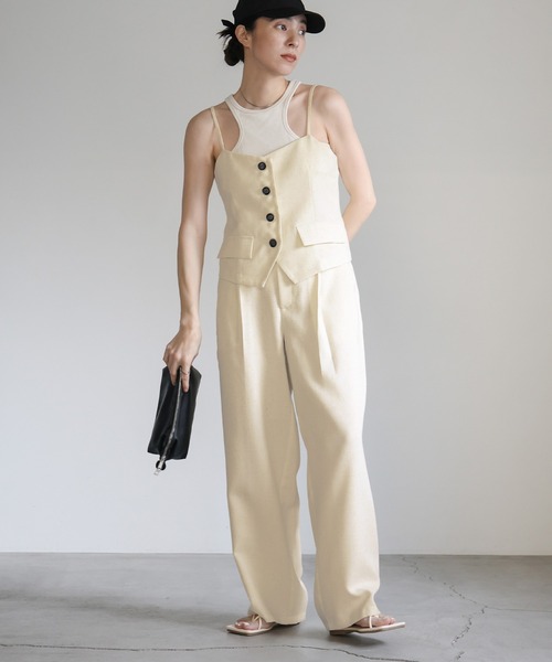 select MOCA（セレクトモカ）の「リネンライクタックワイドパンツ（スラックス・レディース・アイボリー/ネイビー・FREE）」の3枚目の写真