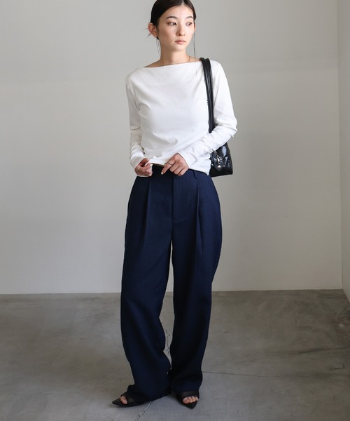 select MOCA（セレクトモカ）の「リネンライクタックワイドパンツ（スラックス・レディース・アイボリー/ネイビー・FREE）」の4枚目の写真