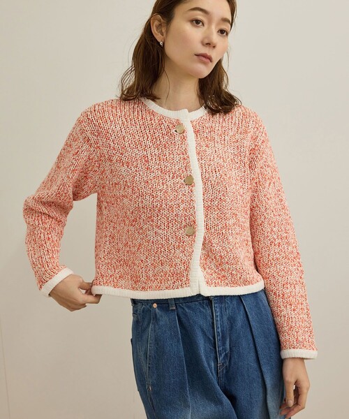 セール】スパンコールミックスノーカラーニットジャケット/洗える