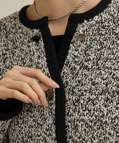 セール】スパンコールミックスノーカラーニットジャケット/洗える