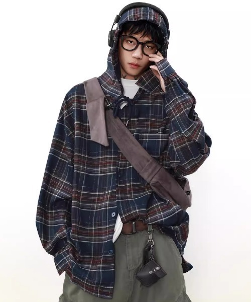 チェック柄 ボリューム袖 フード付き ネルシャツ/柄シャツ