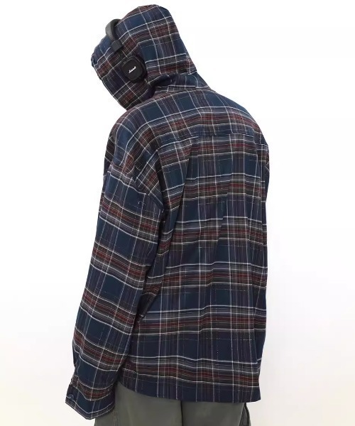 セール】チェック柄 ボリューム袖 フード付き ネルシャツ/柄シャツ