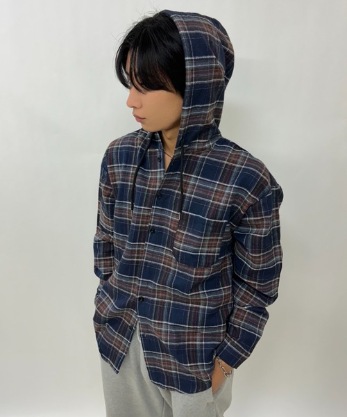 セール】チェック柄 ボリューム袖 フード付き ネルシャツ/柄シャツ