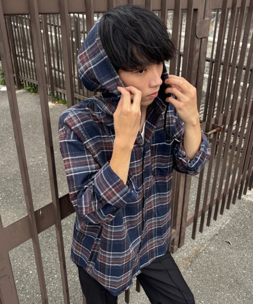 セール】チェック柄 ボリューム袖 フード付き ネルシャツ/柄シャツ