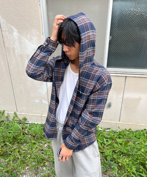 セール】チェック柄 ボリューム袖 フード付き ネルシャツ/柄シャツ